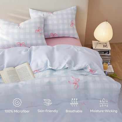 Comforter Set Twin Size - 2 Pieces Blue Pink Bows Comforter Set Gingham Checkered Bedding Sets,Twin Bed in a Bag Plaid Comforter and 1 Pillowcase,Back to School Comforter