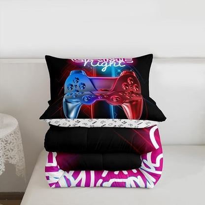 Boys Gaming Comforter Set Queen Size Teens Gamer Bedding Set Modern Blue Red Video Game Controller Comforter For Kids Children Youth Bedroom Decor Multi-Color Gamer Console Action Buttons Duvet Set