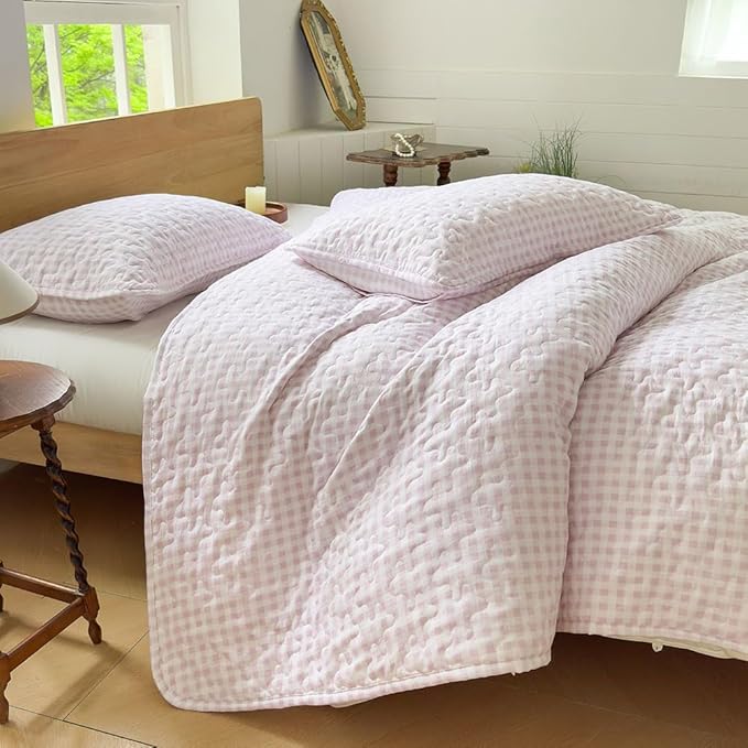 NSNLGSGC Pink Gingham Twin Quilt Set, Soft Pre-Washed Microfiber Pink Plaid Twin Bedspread, Lightweight Checked Summer Quilt, Grid Bedding Coverlets for All Seasons
