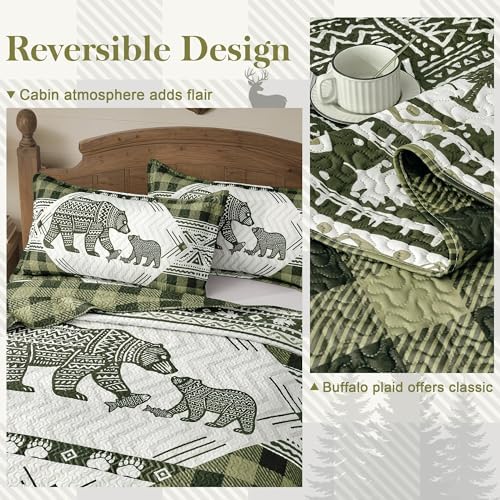 3 Piece Cabin Full/Queen Quilt Sets Farmhouse Rustic Reversible Microfiber Soft Lightweight Bedspread Comforter with 2 Shams Patchwork Country Lodge Bedding Quilts Set for All Season, 90''x96'', Green
