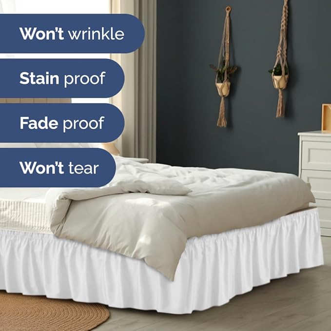 Wrap Around Dust Ruffle Bed Skirt - White - Twin/Twin XL Size Beds with 12 Inch Drop - Easy Fit Elastic Strap - Adjustable Pleated Bedskirt w/Brushed Fabric - Wrinkle Free - Women, Men, Kids & Teens