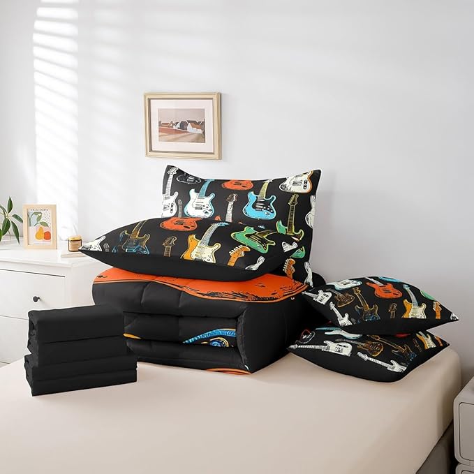 Castle Fairy Sketch Guitar Bass Comforter Set,Musical Instrument 7 Piece Bed Set Twin Size for Kids,Modern Music Lover Bed in a Bag Bedding Set with Comforter,Sheet Set,Pillowcases,Pillow Covers
