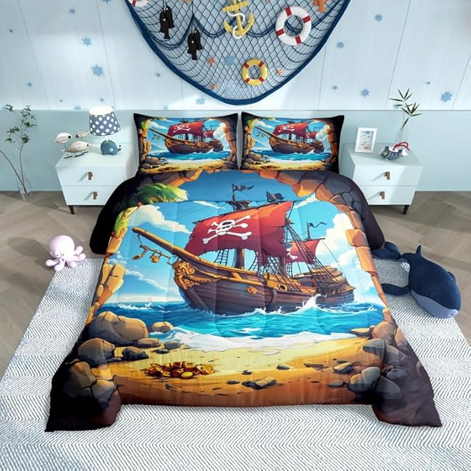 Castle Fairy Pirate Boat Comforter Set Queen Size for Kids Boys Girls Navigation Treasure Adventure Bedding Sets All Season Gothic Sugar Skull Quilt Set Bedroom Decor Nautical Down Comforter,3Pcs