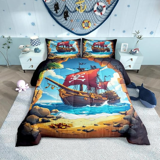 Castle Fairy Pirate Boat Comforter Set Queen Size for Kids Boys Girls Navigation Treasure Adventure Bedding Sets All Season Gothic Sugar Skull Quilt Set Bedroom Decor Nautical Down Comforter,3Pcs