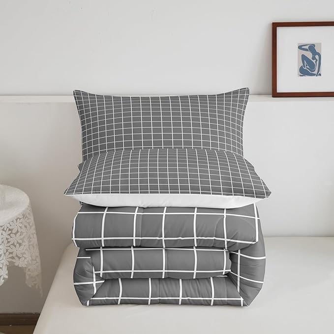 Grey Plaid Comforter Set Buffalo Check Plaid Bedding Set Classic Gingham Pattern Bedding Home Decor Modern Simple Style Comforter Full Size Quilted Duvet Set 1 Comforter with 2 Pillowcase