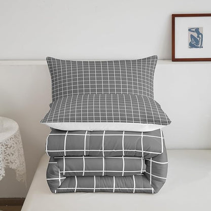 Grey Plaid Comforter Set Buffalo Check Plaid Bedding Set Classic Gingham Pattern Bedding Home Decor Modern Simple Style Comforter King Size Quilted Duvet Set 1 Comforter with 2 Pillowcase