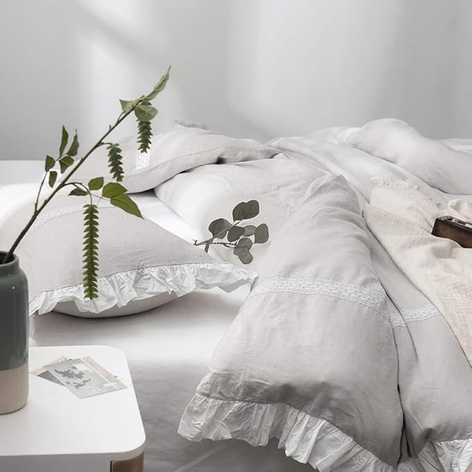 Simple&Opulence 100% Linen Duvet Cover Set (88"x92") Floral Flax Queen Size, Shabby Chic Ruffle Edge Lace Insert Decoration, 3 Pcs Farmhouse Bedding-1 Comforter Cover 1 Pillow Shams, Floral Grey