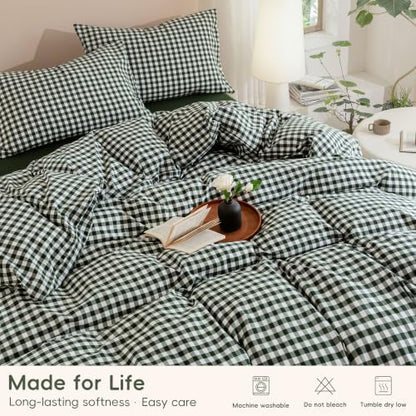 JIYUAN Super King Washed Cotton Duvet Cover Set,Classic Gingham