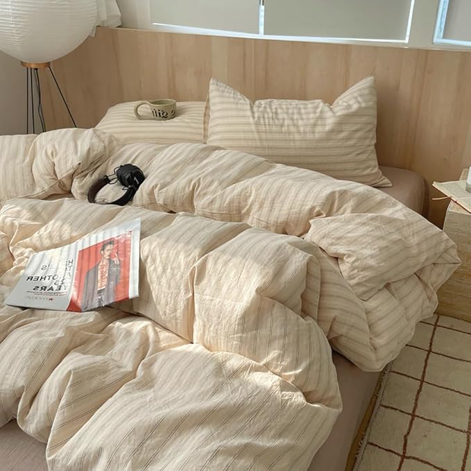 Nayoroom Striped Duvet Cover King Size 100% Washed Cotton Beige Duvet Cover with Black White Stripes Pattern Printed Comforter Cover 3 Pieces Soft Breathable Dorm Bedding Set for All Seasons