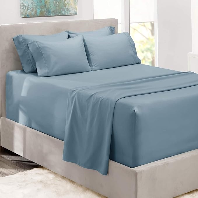 Hearth & Harbor Bed Sheets, Luxury Soft 6 Piece Bed Sheet Set Extra Deep Pocket Fitted Sheets Fits Mattress up to 21", Double Brushed Bedding Sheets & Pillowcases, Queen, Soft Blue