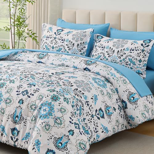 DHSFKBE Boho Comforter Set Queen - 7 Pieces Bed in a Bag Floral Design, Bohemian Comforter Set with Sheets, Soft Microfiber Complete Bedding Sets All Season (Light Blue, Queen)