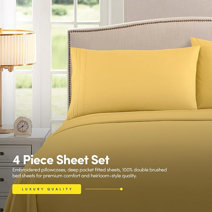 1500 Supreme Collection Extra Soft RV Short Queen Sheets Set, Yellow - Luxury Bed Sheets Set with Deep Pocket Wrinkle Free Hypoallergenic Bedding, Over 40 Colors, RV Short Queen Size, Yellow