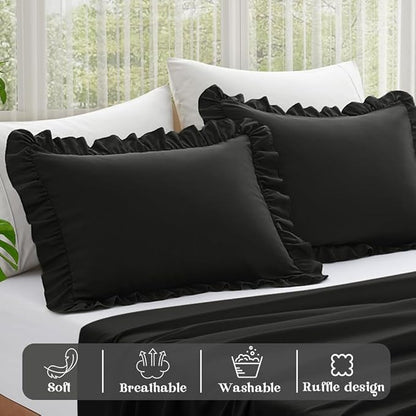KKJIAF Ruffle Pillow Cases Standard Size Set of 2, Ruffled Pillow Covers with Envelope Closure, Wrinkle Resistant Pillowcases 20" x 26", Ruffled Pillow Shams, Black