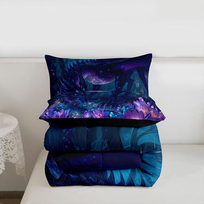 Feelyou Dragon Comforter Set Twin Size Dragon Stuff Bedding Set for Kids Boys Girls Wild Life Duvet Quilt Magic Wildlife Bedroom Decor Purple and Black Microfiber 2 Pcs with 1 Pillow Cases