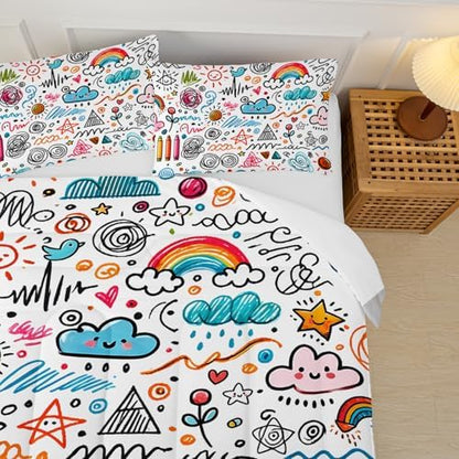 Kids Comforter Sets for Girls Rainbow，Full Size Bedding Set Cute and Soft/Fluffy Pink Blue and Yellow，Cartoon Quilt，Cartoon Bedroom Decor，1 Comforter 2 Pillow Cases