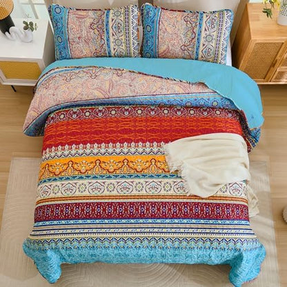 WONGS BEDDING Blue Quilt Calking Quilt Size, Boho Stripe Bedding Set