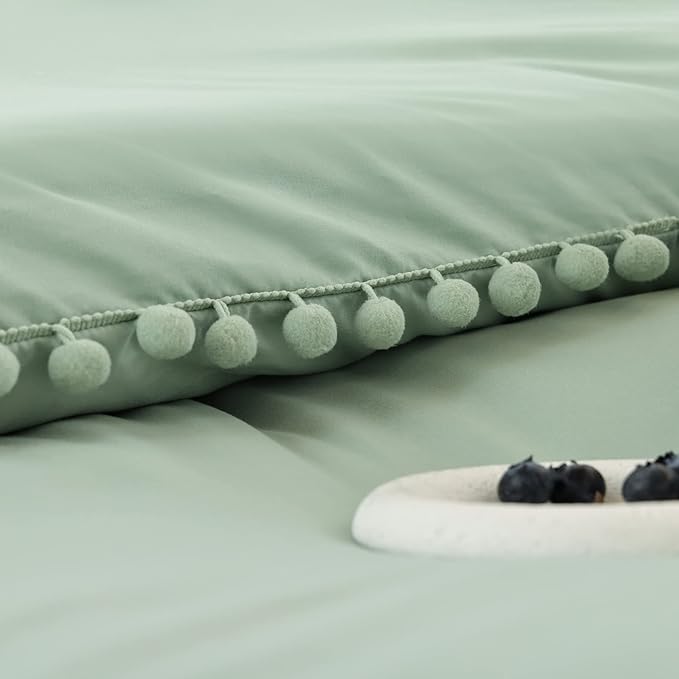YIRDDEO Full Size Comforter Sets - Full Size Comforter with Ball Pom Fringe, Soft Bedding Set for All Seasons - 3 Pieces, 1 Comforter (79"x90") & 2 Pillow Shams(20"x26"), Sage Green