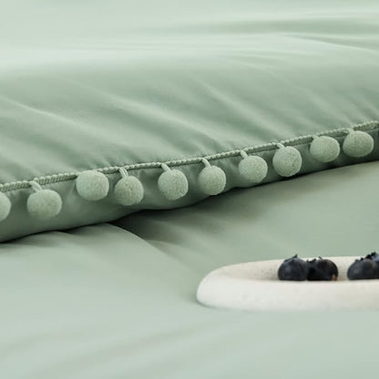 YIRDDEO Full Size Comforter Sets - Full Size Comforter with Ball Pom Fringe, Soft Bedding Set for All Seasons - 3 Pieces, 1 Comforter (79"x90") & 2 Pillow Shams(20"x26"), Sage Green