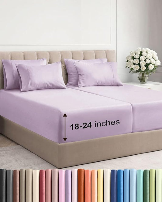 Extra Deep Split King Sheet Set - 7 Piece Breathable and Cooling Sheets - Hotel Luxury Bedding for Women, Men, Kids & Teens - Secure Fit - Soft and Wrinkle Free - Extra Deep Pockets - Light Lavender