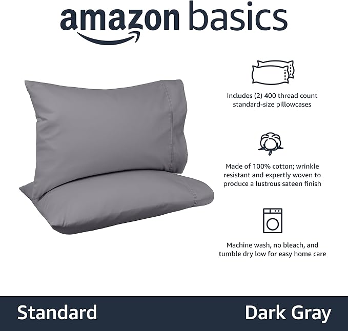 Amazon Basics 400 Thread Count 100% Cotton Pillow Cases, Soft, Wrinkle Resistant, Sateen Weave, Standard Size, 30" x 20", Dark Gray, Set of 2