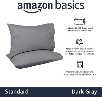 Amazon Basics 400 Thread Count 100% Cotton Pillow Cases, Soft, Wrinkle Resistant, Sateen Weave, Standard Size, 30" x 20", Dark Gray, Set of 2