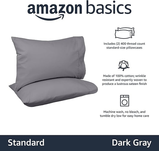 Amazon Basics 400 Thread Count 100% Cotton Pillow Cases, Soft, Wrinkle Resistant, Sateen Weave, Standard Size, 30" x 20", Dark Gray, Set of 2