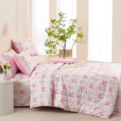 Pink Bow Comforter Set Full Size Pink Floral Comforter for Girls Kids Romantic Princess Style Bowknot Bedding Set Ultra Soft Reversible Garden Flower Comforter Sets with 2 Pillowcases 3Pcs