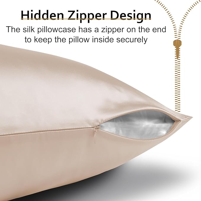 Ravmix Silk Pillow Cases with Zipper, 21momme Mulberry Silk Pillowcase for Hair Skin Health, Soft Smooth Breathable Cool Pillow Cover for Beauty Sleep with Gift Box 1PC(Queen 20"x30", Beige)