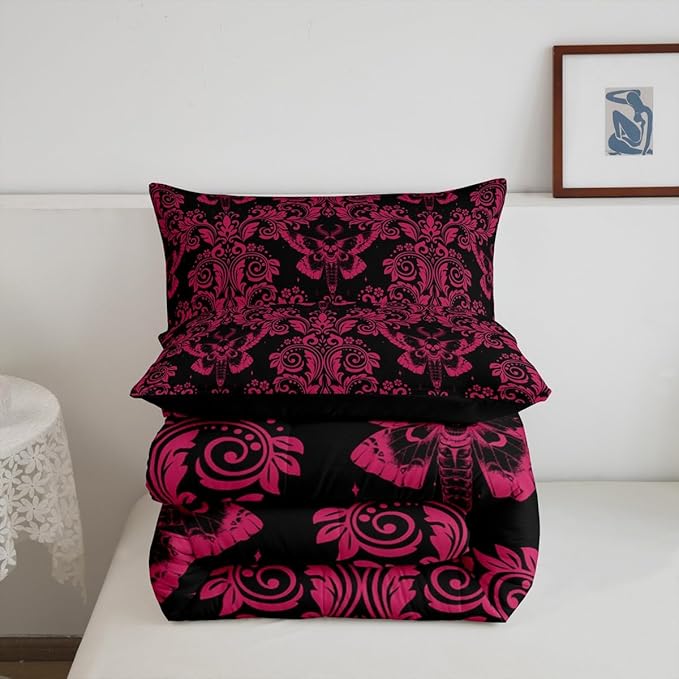 Feelyou Adults Pink Vintage Damask Floral Comforter Set Oriental Antique Comforter Full Size Gothic Bohemia Boho Flower Bedding Set Gothic Skull Duvet Set Quilt Set 3Pcs