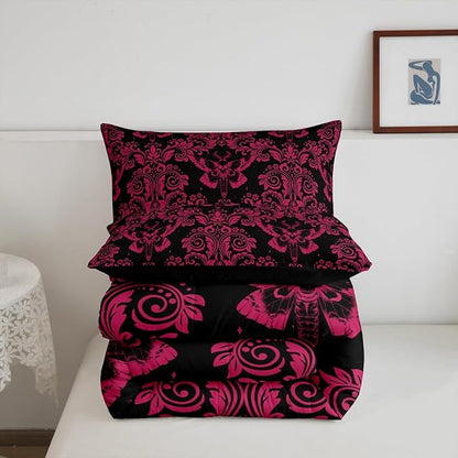 Feelyou Adults Pink Vintage Damask Floral Comforter Set Oriental Antique Comforter Full Size Gothic Bohemia Boho Flower Bedding Set Gothic Skull Duvet Set Quilt Set 3Pcs