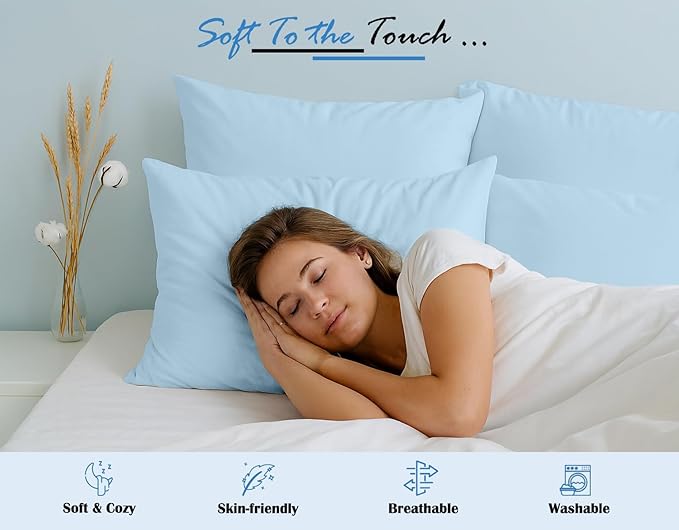 Comfort Beddings Standard Pillowcases Set of 4 – 100% Organic Cotton, 600 Thread Count Sateen, Soft & Comfy Pillow Covers with Envelope Closure, Light Blue, Standard Size 20 x 26 Inches