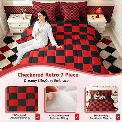 Feelyou Checkered 7 Piece Bedding Set Teen Red Black Plaid Comforter Set with Sheets Twin Size Kids Boys Cute Retro Neutral Checkerboard Geometric Bed in a Bag Vintage Aesthetic Room Decor