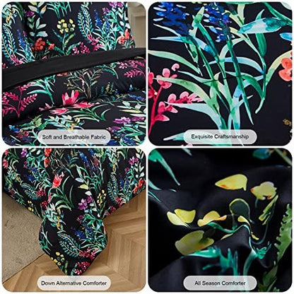DHSFKBE 7 Piece Bed in a Bag Floral Comforter Set, Botanical Flowers Comforter and Sheet Set, Soft Microfiber Lightweight Bedding Comforter Set for All Season(Dark Floral, King)