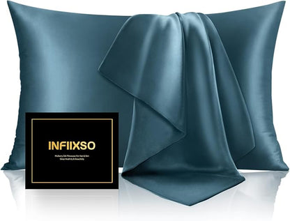 INFIIXSO Mulberry Silk Pillowcase for Hair and Skin, Silk Pillow Cases Queen Size Set of 2 with Hidden Zipper 20"x30", Ultra Smooth and Soft Cooling Pillow Cases for Hot Sleepers(Bluesteel, 2 Pack)
