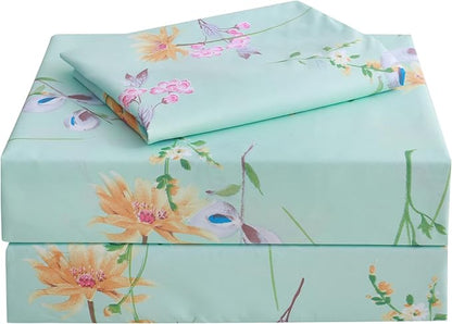 JSD Green Floral Printed Sheet Set Twin Size, 3 Piece Soft Botanical Microfiber Sheets Extra Deep Pocket