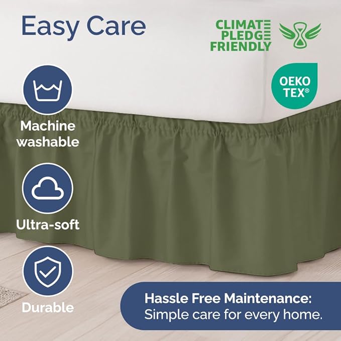 Wrap Around Dust Ruffle Bed Skirt - Sage Green - for Queen Size Beds with 24 Inch Drop - Elastic Strap - Adjustable Pleated Bedskirt with Brushed Fabric and Wrinkle Free - For Women, Men, Kids & Teens