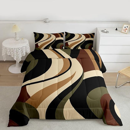 Green Brown Spiral Bedding Full Size for Adult Women Men Modern Swirls Stripes Abstract Comforter for Minimalists Boho Aesthetic Geometric Bed Sets Graffiti Art Lines Quilt Duvet Insert