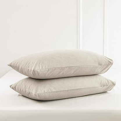 MooMee Bedding Pillowcases Pack of 2 100% Washed Cotton Linen Like Textured Breathable Durable Soft Comfy (Heathered Cream Grey, King)