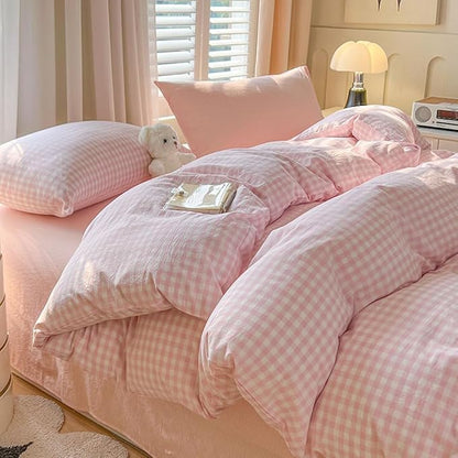 Nayoroom Pink Gingham Comforter Set Queen Size Plaid Checkered Comforter 3 Pcs Soft Lightweight Grid Farmhouse Dorm Bedding Set for All Seasons (1 Comforter, 2 Pillowcases)
