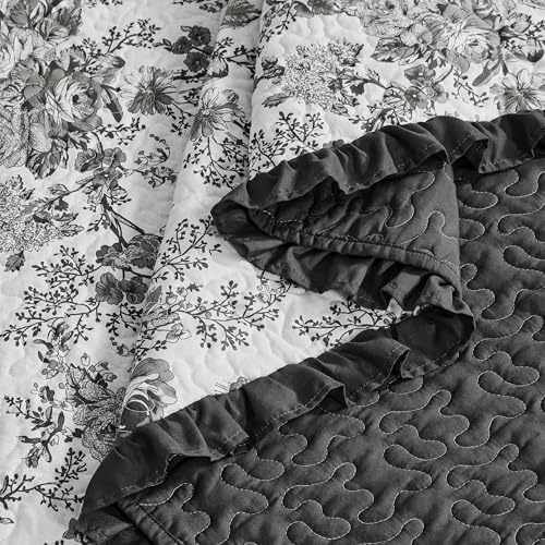 Wonderful Black Floral Cotton Quilt Set Queen Size, 3-Piece Shabby Chic French Country Bedding with Ruffle Fringe, Soft & Breathable Bedspread, All Season Coverlet for Bedroom Decor