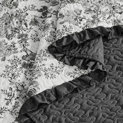Wonderful Black Floral Cotton Quilt Set Queen Size, 3-Piece Shabby Chic French Country Bedding with Ruffle Fringe, Soft & Breathable Bedspread, All Season Coverlet for Bedroom Decor