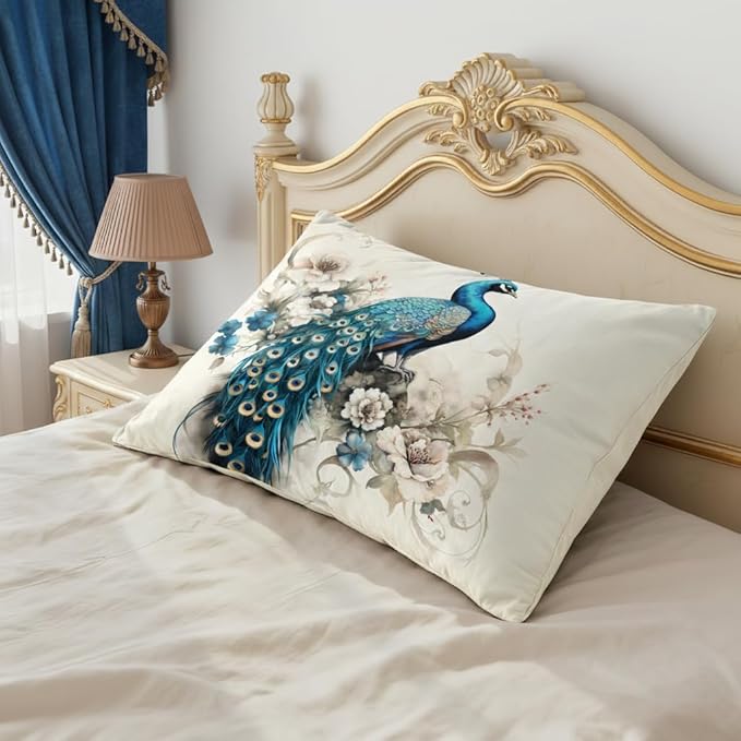 King Size Comforter Set for Women,Teal Peacock Feather Bedding Set with Blue and White Floral,Elegant Watercolor Bird Flowers Decor,3Pcs Soft Fluffy Microfiber with 2 Pillowcases,104 * 90