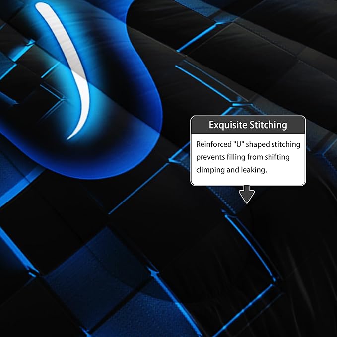 Axolotl Gamepad Comforter Set Queen Size,Blue Grid Print Bedding Set,Boy Gaming Console Comforter Set,Modern Gaming controller Geometry Bedding Set for Adult Teens Men,1 Quilt 2 Pillowcases,Blue Black