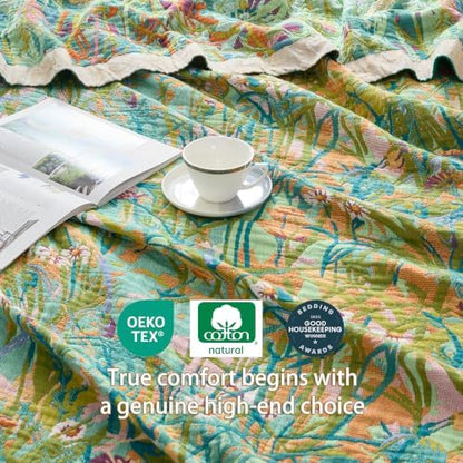 VANJOROY King Boho Throw Blanket, 100% Organic Cotton Breathable Skin-Friendly Ultra Soft 91" x 98" Bed Quilt Green Leaf Throw - Floral Rustic Luxury Reversible Blanket for Sofa Couch Chair and Gift