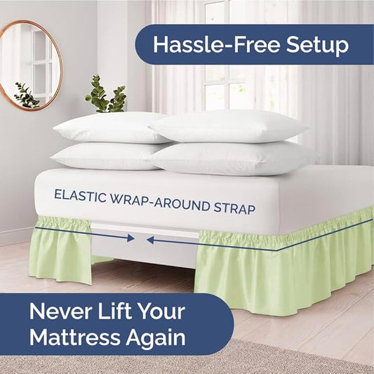 Wrap Around Dust Ruffle Bed Skirt - Light Sage - for King Size Beds w/ 15 Inch Drop - Easy Fit Elastic Strap - Adjustable Pleated Bedskirt w/Brushed Fabric - Wrinkle Free, Women, Men, Kids & Teens