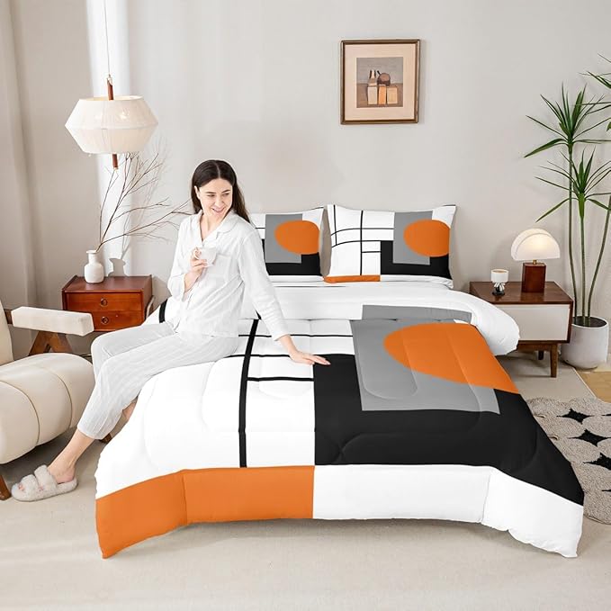 Erosebridal White Black Orange Striped Twin Bedding Sets for Adult Women Men Boho Modern Geometric Abstract Comforter Set Stripes Lines Quilt Set Minimalist Square and Circle Bed Collections