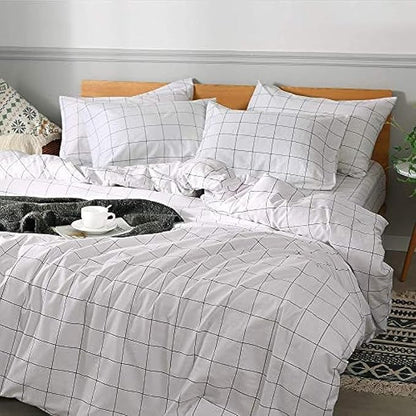 JELLYMONI 100% Natural Cotton 2pcs Plaid Duvet Cover Sets,White with Black Grid Geometric Pattern Printed Comforter Cover,with Zipper Closure & Corner Ties(Twin 66×92)