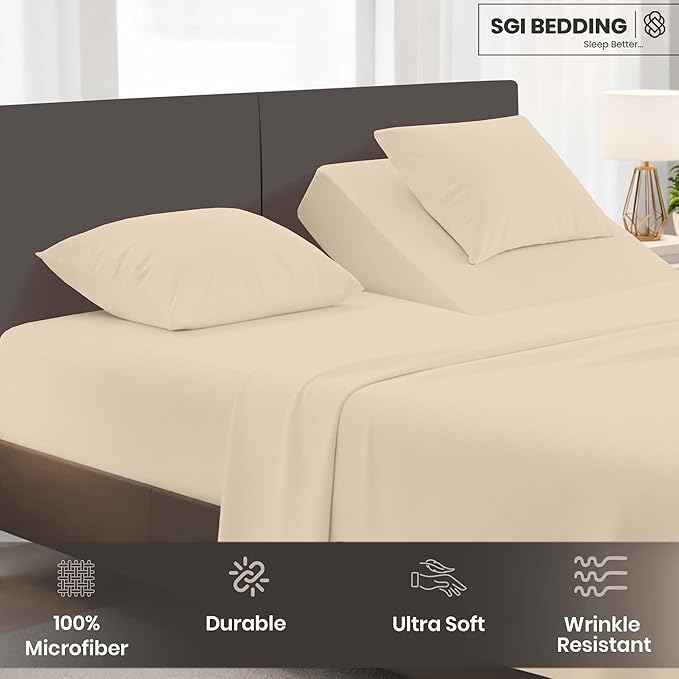 SGI bedding Adjustable Split Head Flex Top King 34" Microfiber Sheet Set – Ultra Soft, Cooling & Deep Pocket 15” Fitted, 4-Piece Breathable & Durable Bedding Set for Split King Beds -Beige