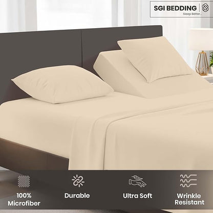 SGI bedding Adjustable Split Head Flex Top King 34" Microfiber Sheet Set – Ultra Soft, Cooling & Deep Pocket 15” Fitted, 4-Piece Breathable & Durable Bedding Set for Split King Beds -Beige
