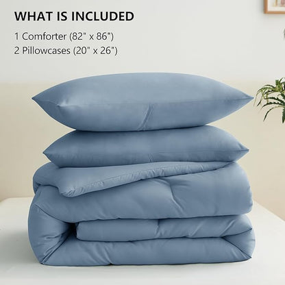 CozyLux Grayish Blue Full Size Comforter Set, 3 Pieces Dusty Blue Solid Breathable Quilted Bedding Sets, Luxury Soft Bed Set with Down Alternative Comforter All Season (1 Comforter & 2 Pillowcases)
